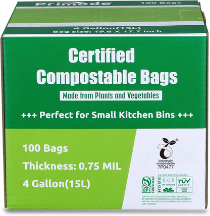 Primode 100% Compostable Bags, 4 Gallon (15L) Food Scraps Yard Waste Bags, Extra Thick 0.75 Mil. ASTM D6400 Compost Bags Small Kitchen Trash Bags, 100 Count Certified by BPI & TUV EU