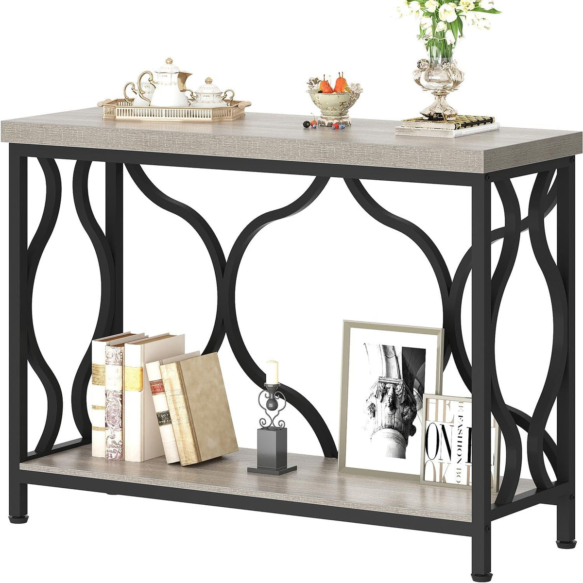 IBF Narrow Entryway Table with Storage, Modern Wood Metal Console Sofa Table Behind Couch Tables, Industrial Narrow Hallway Table for Living Room Home Office Foyer Entry Way Entrance, Grey, 39.4 Inch