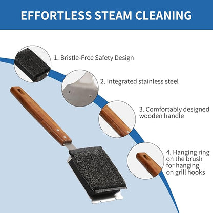 Bristle-Free Steam Grill Brush with 1 Replaceable Heads & Wood Handle - Heat-Resistant, Safe for All Grills (Cast Iron, Stainless Steel, Gas, Charcoal) - Cleaning Tool Grill Master Gift