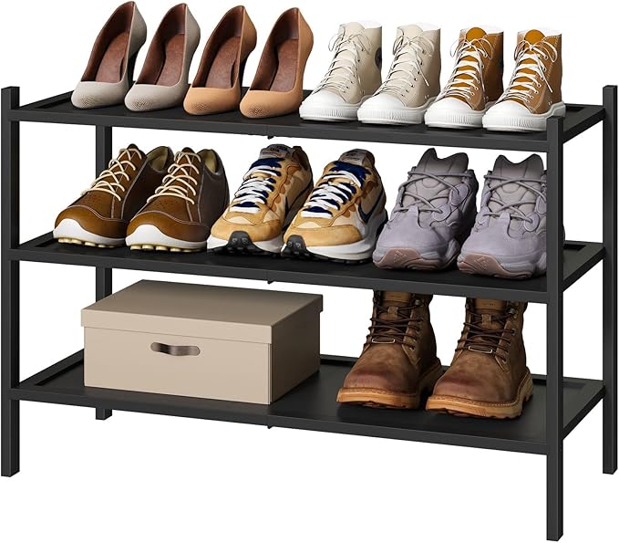3-Tier Black Bamboo Shoe Rack for Entryway, Stackable | Foldable | Natural, Shoe Organizer for Hallway Closet, Free Standing Shoe Racks for Indoor Outdoor