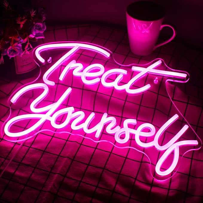 Wanxing Treat Yourself Neon Signs Pink Led Sign for Bedroom Wall Letter Neon Lights Wedding Signs Neon Room Decor for Birthday Gift Party Home Decor Bar