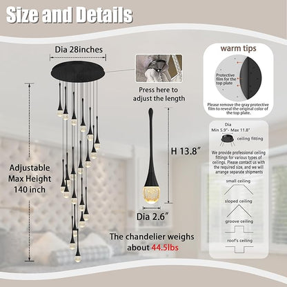 138'' Modern Chandelier,20-Lights Black Modern Pendant Light Fixture Staircase Large Chandelier Lobby Living Room Bedroom Foyer High Ceiling Chandelier