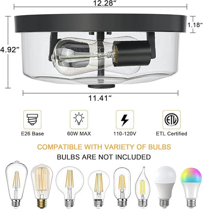 Flush Mount Ceiling Light with Clear Glass Shade, 2-Light Indoor Outdoor Farmhouse Lighting Flush Mount Lights for Kitchen Bedroom Porch Living Dining Room(Black)