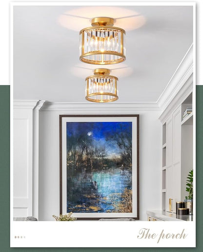 Black Flush Mount Ceiling Light, 2- Light Caged Crystal Chandelier, Small Drum Hallway Light fixtures Ceiling Mount (8.6 INCH Brass Gold（1-Light）)