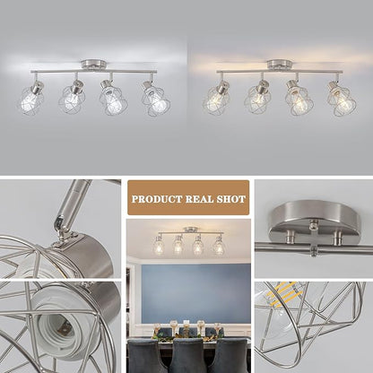 BUXVRCS Adjustable Multi-Directional Brushed Nickel Light Fixtures, Semi Flush Mount Ceiling Light, Kitchen Light Fixtures Ceiling Mount, Geometric Metal Cage Industrial Spotlight Fixtures