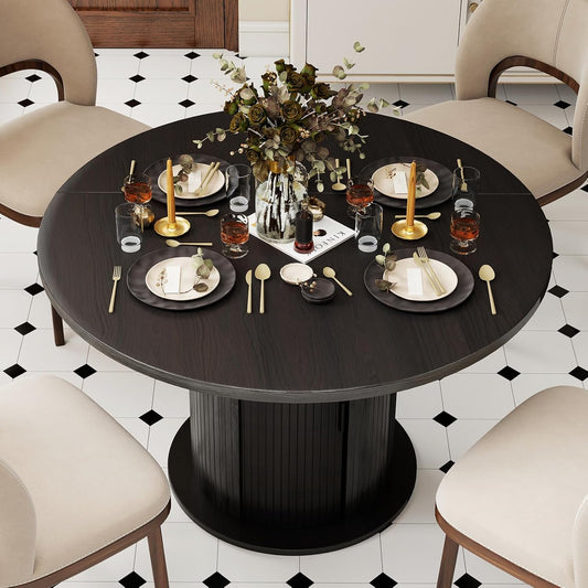 47" Round Dining Table with Hidden 2-Tier Storage Cabinet | Seats 4–6 | Mid-Century Modern Pedestal Base | Space-Saving Kitchen Table for Small Spaces, Black
