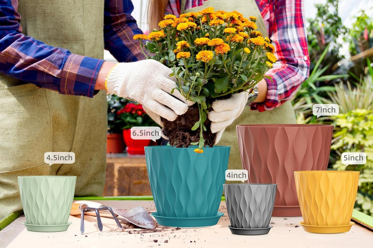 4/4.5/5/5.5/6/6.5/7 Inch Plant Pots,7 Pack Flower Pots with Drainage Holes and Trays,Plastic Planters for Indoor Outdoor Plants Growth,Multicolor