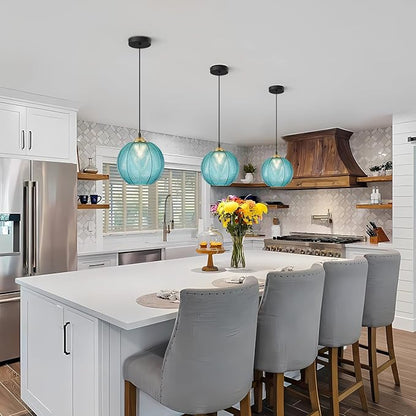 KCO Lighting Mid Century Modern Blue Glass Pendant Light Large Globe Kitchen Island Dining Pendant Lights Black Round Ceiling Hanging Lighting Fixture Adjustable Cord Farmhouse Foyer Chandelier