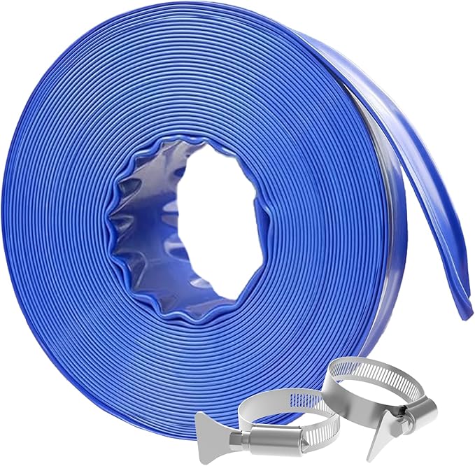 Poolvio Backwash Hose 1-1/2" x 50 ft, Blue Lay-Flat PVC Discharge Hose with 2 Stainless Steel Thumb Screw Clamps, Leak-Free for Swimming Pool Filter Cleaning, Flooded Area, Pond Draining