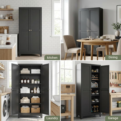 71" Metal Kitchen Storage Cabinet with Doors, Freestanding Steel Pantry Cabinet, 4 Adjustable Shelves, for Dining Room, Black