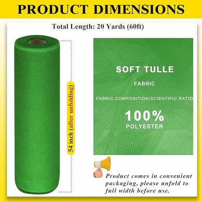 54" by 20 Yards Green Tulle Fabric Rolls - Tutu Spool Bolt for DIY Wedding, Christmas Decoration, Baby Shower, Tutu Skirt, Gift Wrapping - Large Matte Tulle, Roll Packaging (Emerald Green)