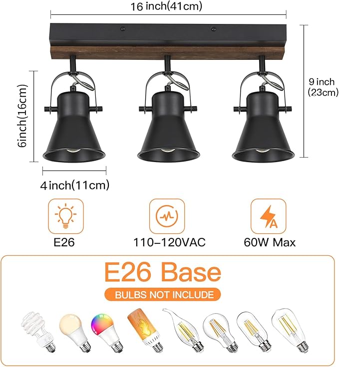SEEBLEN 3-Light Kitchen Light Fixtures, Adjustable Ceiling/Wall Mount Spotlight, Industrial Black Track Lighting for Living Room, Dining Room, Hallway, Bathroom