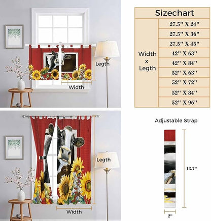 Cows Sunflowers Kitchen Curtains 45 Inch Length, Short Cafe Window Curtains Tab Top, Spring Botanical Floral Bees Red Barn Light Filtering Window Treatments Tier Drapes 27.5"x45" 2 Panel