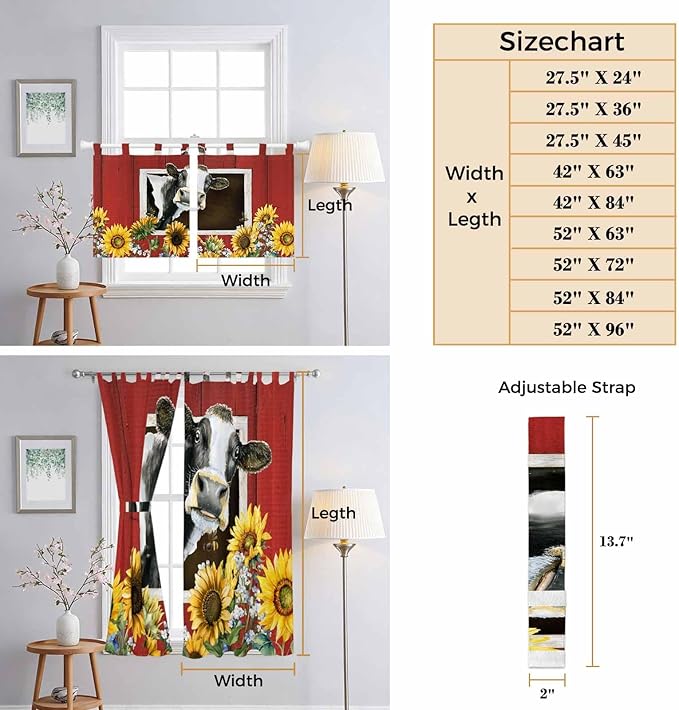 Cows Sunflowers Bathroom Curtains 63 Inch Length, Window Curtains Tab Top, Spring Botanical Floral Bees Red Barn Light Filtering Window Treatments Drapes 52"x63" 2 Panel