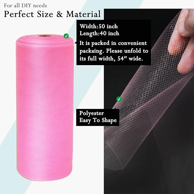 Pink Tulle Fabric Rolls 54 Inch by 40 Yards Tulle Bolt Spool for Wedding Decorations DIY Tutu Baby Shower Table Skirt Ceiling Decor Birthday Party Craft Supplies
