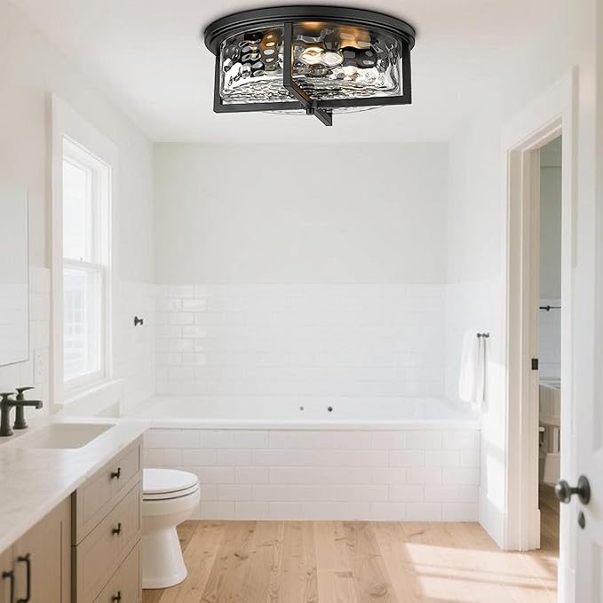 Large Industrial Flush Mount Ceiling Light, 3-Light Modern Close to Ceiling Lights, Hammered Kitchen Ceiling Light for Hallway, Kitchen, Bathroom, Dining Room (Black, 16" D)