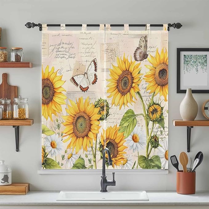 Yellow Sunflowers Bedroom Curtains 72 Inch Length, Window Curtains Tab Top, Country Farm Butterfly Flower Light Beige Light Filtering Window Treatments Drapes 52"x72" 2 Panel