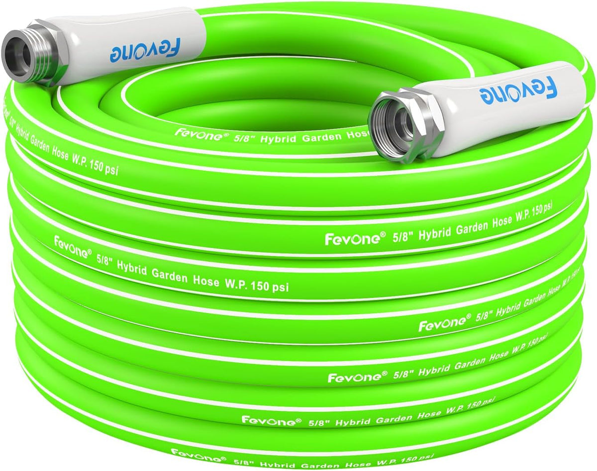 Fevone 50 ft x 5/8" Heavy Duty Garden Hose, Drinking Water Safe, Flexible & Kink-Free Hybrid Polymer Water Hose, Lightweight Outdoor Hose with 3/4" Solid Aluminum Fittings