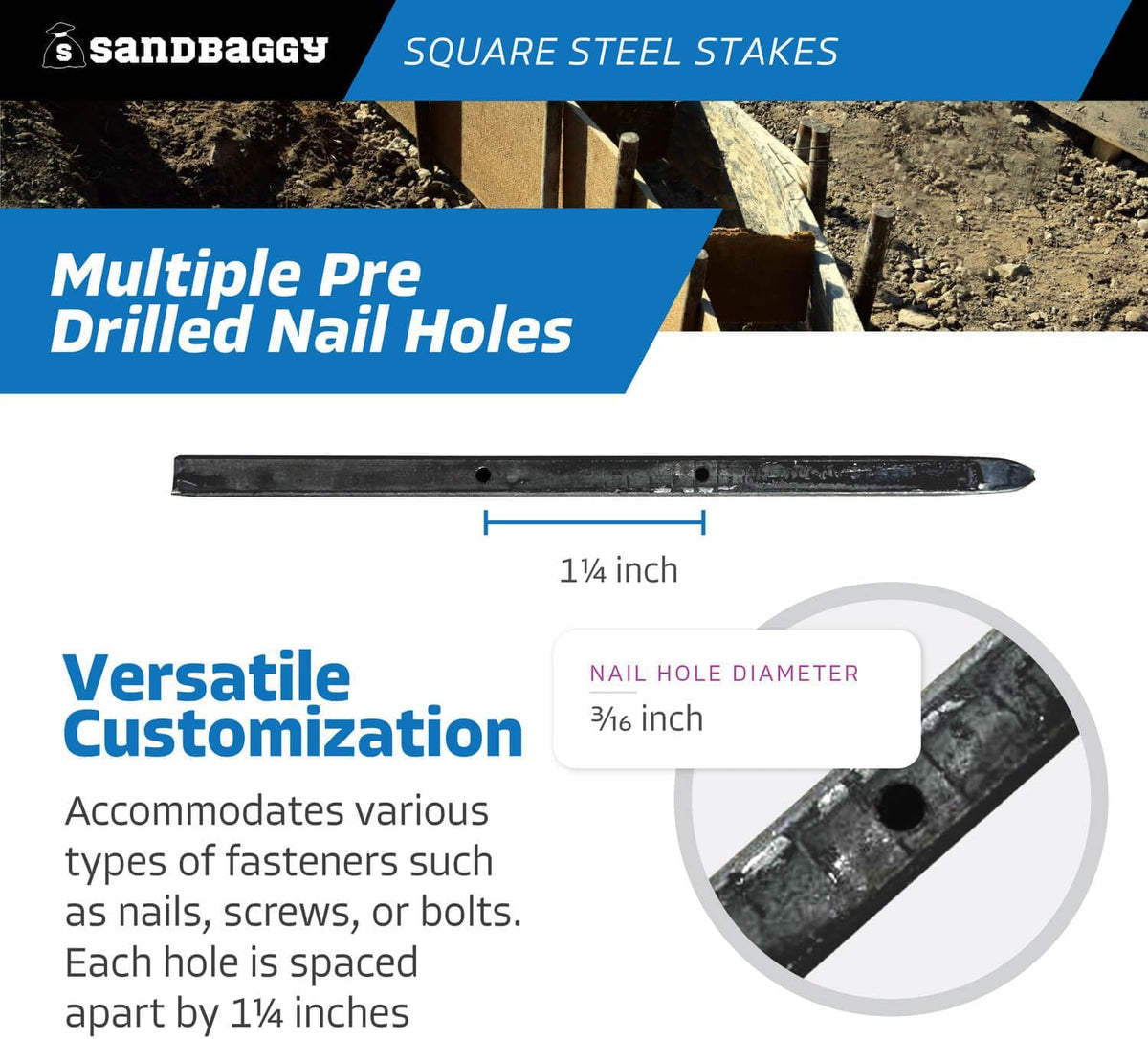Sandbaggy Square Steel Concrete Form Stakes with Nail Holes - 5/8" Wide - Rust Resistant Coating - Removable, Reusable - Construction Grade Stakes (12 inch, 100)