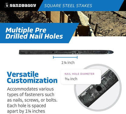 Sandbaggy 36" Square Steel Concrete Form Stakes with Nail Holes - 5/8" Wide - Rust Resistant Coating - Removable, Reusable - Construction Grade Stakes (300, 36 inch)