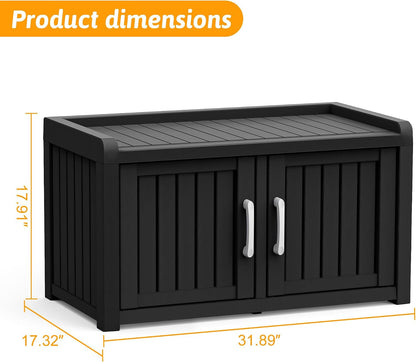 2-Tier Storage Bench, Waterproof UV-Resistant Outdoor Shoe Storage Cabinet ，Outdoor Shoe Rack with 2 Doors & Adjustable Shelves for Indoor Outdoor Entryway, Hallway, Living Room (Black)