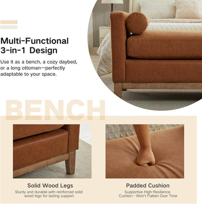 End of Bed Bench for Bedroom, 66.34'' Long King Size Vegan Leather Bench with Arms Upholstered Shoe Bench for Entryway, Hallway, Cloakroom, Window Bench (Brown PU).