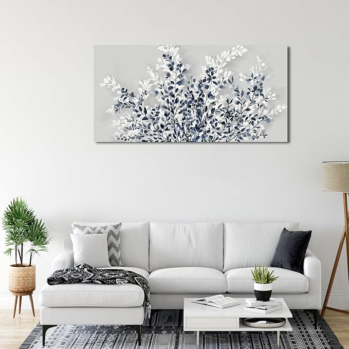 NINEASO Botanical Flowers Wall Art - Indigo Blue and White Floral Canvas Pictures Spring Blooming Painting Gray Background Printing Artwork Living Room Bedroom Home Office Wall Decor 24" x 48"