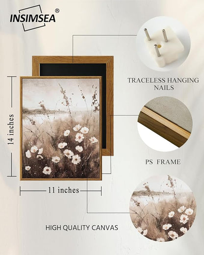 InSimSea Framed Wall Art for Living Room Landscape Canvas Wall Decor Meadow with Flowers Vintage Paintings Classical Wildflower Field Scene Boho Floral Pictures Decor for Bathroom Bedroom 11x14in