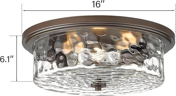 Large Industrial Flush Mount Ceiling Light, 16" 3-Light Modern Ceiling Light Fixture, Farmhouse Close to Ceiling Lighting,Hammered Glass Ceiling Light for Bedroom, Living Room, Kitchen Island