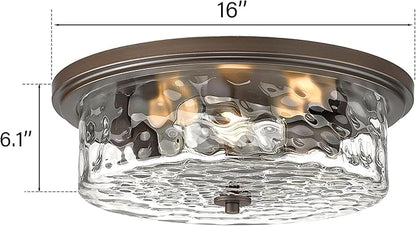 Large Industrial Flush Mount Ceiling Light, 16" 3-Light Modern Ceiling Light Fixture, Farmhouse Close to Ceiling Lighting,Hammered Glass Ceiling Light for Bedroom, Living Room, Kitchen Island