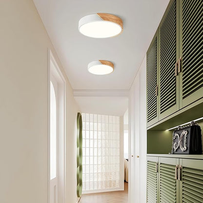 Modern Dimmable White Flush Mount Ceiling Light Wood Close to Ceiling Lights for Bedroom Round LED Ceiling Lamp Lighting Fixture for Hallway Kitchen Laundry Room(11.8in)
