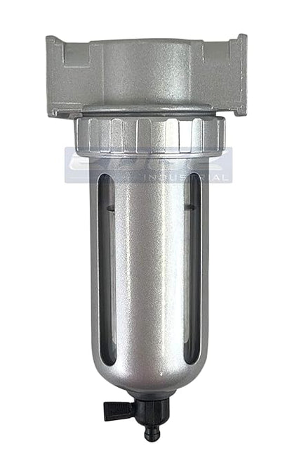 MID FLOW PARTICULATE FILTER/WATER TRAP FOR AIR COMPRESSOR COMPRESSED AIR LINES, 5u WITH POLY BOWL AND METAL BOWL GUARD (3/8" NPT)