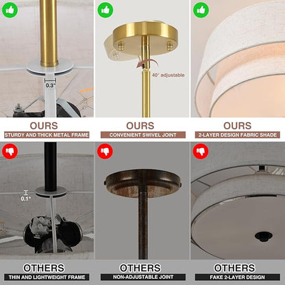 16" Semi Flush Mount Ceiling Light, Gold 3 Light Double Drum Fabric Lampshade Lighting Fixture for Living Room, Bedroom, Dining Room, Kitchen, Hallway (Swivel Canopy for Sloped/Flat Ceiling)