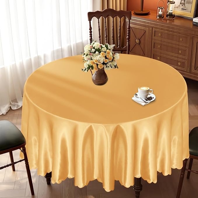 KKJIAF 1 Pack 60 Inch / 5ft Round Table Cloth, Gold Overlay Round Satin Table Cover, Silky Satin Dining Tablecloths for Wedding Buffet Parties Banquet Decoration