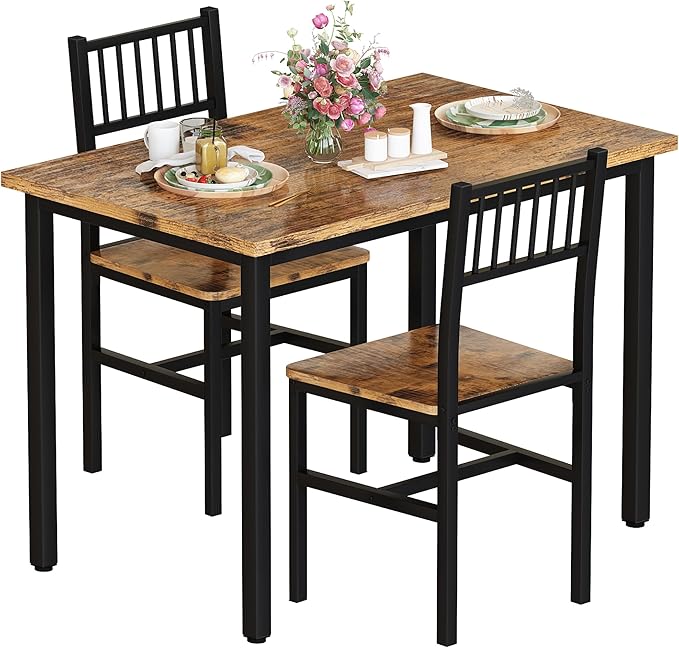 AWQM 3 Piece Dining Table Set for 2, Small Kitchen Table Set for 2 with Chairs,Wood Breakfast Nook Table and Chairs Set of 2,Dinette Set for Small Space,Dining Room,Apartment, Brown