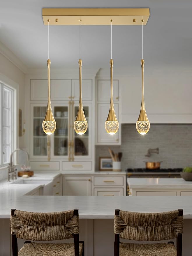 Dining Room Light Fixture 4-Light Gold Kitchen Island Lighting Industrial Linear Crystal Chandeliers for Dining Room Pendant Light Fixture for Living Room Hallway Bedroom