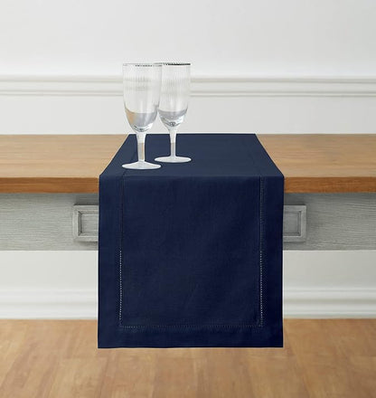 Solino Home Navy Blue Table Runner 90 Inches Long - Cotton Linen Hemstitch 14 x 90 Inch Table Runner for Dining, Fall, Autumn, Thanksgiving, Holiday