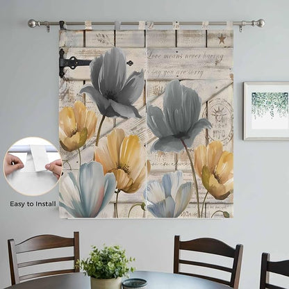 Spring Tulips Flower Bathroom Curtains 63 Inch Length, Window Curtains Tab Top, Vintage Floral Barn Doors Rustic Beige Light Filtering Window Treatments Drapes 52"x63" 2 Panel