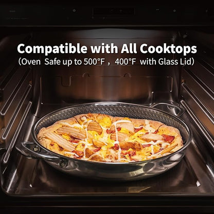 Hybrid Nonstick Skillet with Lid 12 Inch, Stainless Steel Paella Pan with Two Handles Multi-Functional Pan Dishwasher and Oven Safe