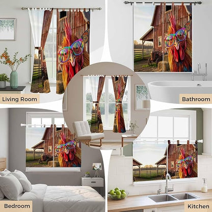Farm Rooster Living Room Curtains 84 Inch Length, Window Curtains Tab Top, Farmhouse Barn Funny Animals Butterfly Light Filtering Window Treatments Drapes 52"x84" 2 Panel