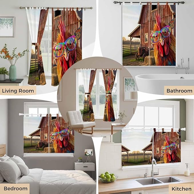 Farm Rooster Kitchen Curtains 45 Inch Length, Short Cafe Window Curtains Tab Top, Farmhouse Barn Funny Animals Butterfly Light Filtering Window Treatments Tier Drapes 27.5"x45" 2 Panel