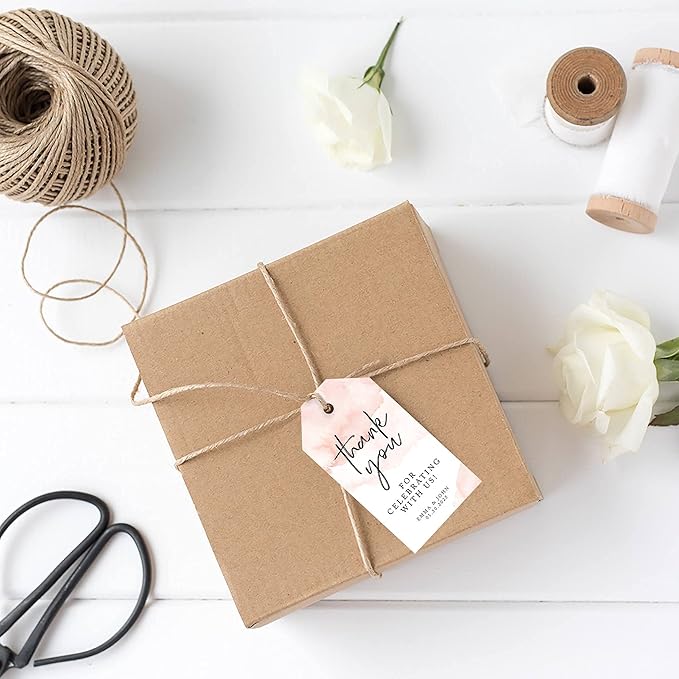 Andaz Press 100-Pack Personalized Thank You for Celebrating with Us Wedding Favor Tags with Bakers Twine Coral Brushed Watercolor Custom Cardstock Wedding Gift Tags for Party Favors 2 x 3.75-Inches