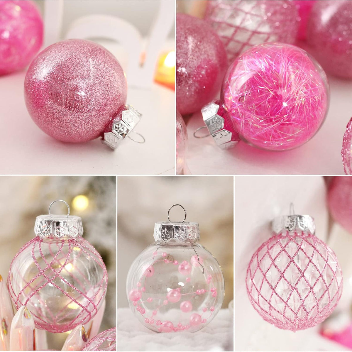Pink Christmas Ball Ornaments, 30ct 2.36 Inch Shatterproof Clear Plastic Ornaments for Holiday Wedding Party Gift Decoration