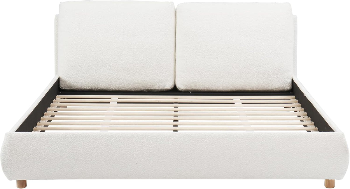 Christopher Knight Home Hazel Queen Size Bed Frame, Upholstered Platform Bed, Soft Boucle Queen Headboard, Removable Pillows Headboard, Wood Slats Support, No Box Spring Needed, Easy Assembly, White