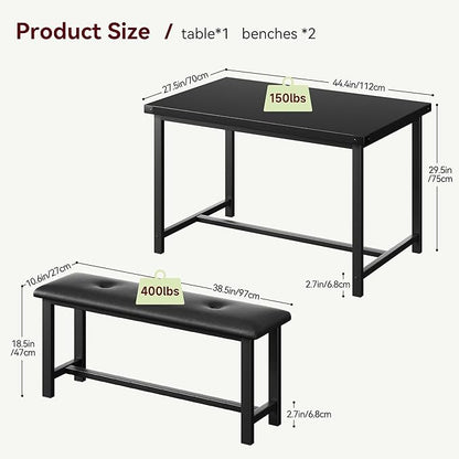 Dining Table Set for 4, Dining Room Table Set with 2 Upholstered Benches, Small Kitchen Table Set, 3 Piece Farmhouse Rectangular Dining Room Table Set, Space Saving Dining Table for Apartment