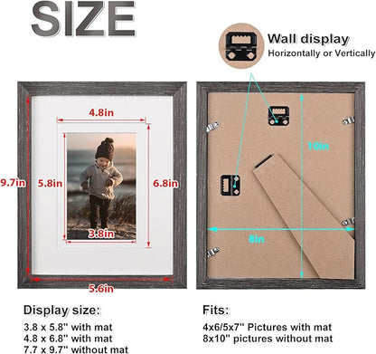 KINLINK 8x10 Picture Frame Ash Black, Solid Wood Frames with Acrylic Plexiglass for Pictures 4x6/5x7 with Mat or 8x10 without Mat, Tabletop and Wall Display Photo Frame, Set of 4