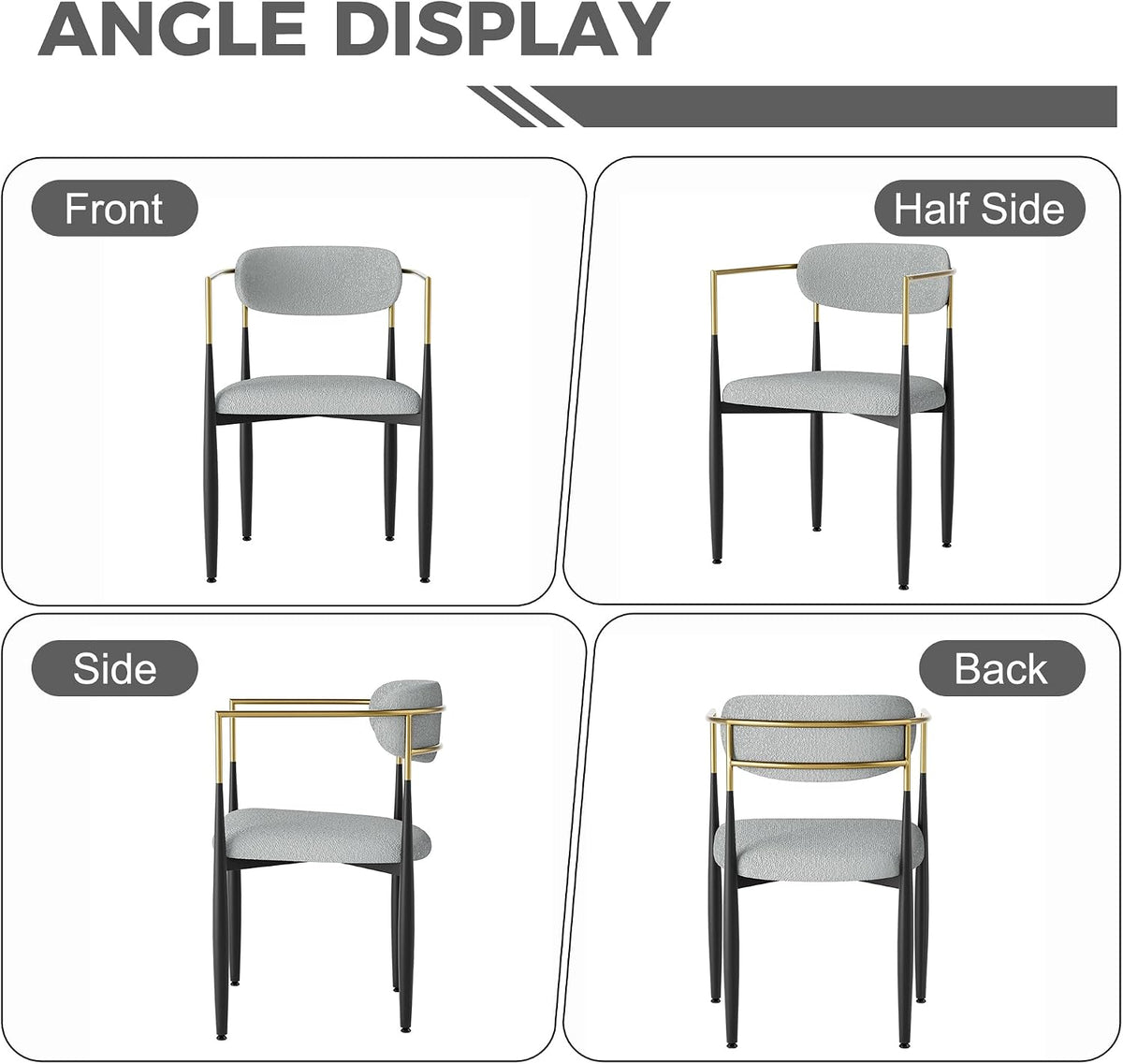 Baysitone Dining Chairs Set of 6 Mid-Century Modern Upholstered Boucle Dining Room Chairs Open Back Curved Backrest Black Metal Legs Gold Armchairs for Kitchen Living Room, Gray(Only Chairs)
