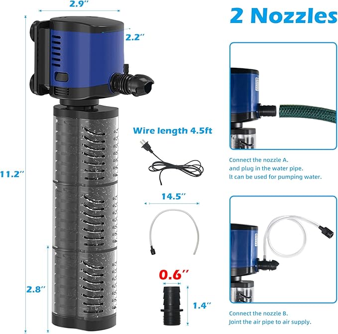 TARARIUM Aquarium Filter Powerful 260GPH for 35-75 Gallon Fish Tank Small Pond Fountain, Wave-Maker Submersible Water Pump Turtle Tank Filter for Saltwater & Freshwater System