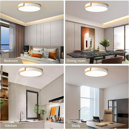 Dimmable LED Wood Flush Mount Ceiling Lights,Modern White 5CCT 2700K-6000K Lighting Fixtures,Round Ceiling Lamp for Kitchen Living Room Dining Room Bathroom Bedroom Entryway 15.8in