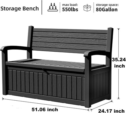 PatioZen 80 Gallon Outdoor Storage Bench Deck Box Waterproof Lockable,Outdoor Storage Furniture for Patio,Garden and Porch,Tools and Cushions（ Black Stripe）